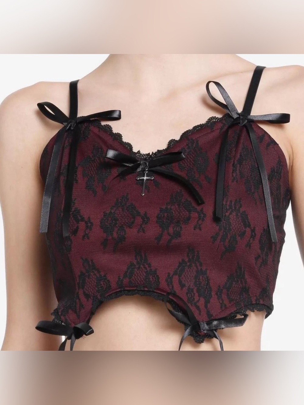 Lace-Overlay Burgundy Camisole with Black Ribbon Trim